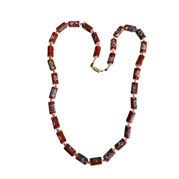Vintage Chinese Cloisonne Floral Glass Bead Necklace With Barrel Clasp 22" Red M - Picture 3 of 9